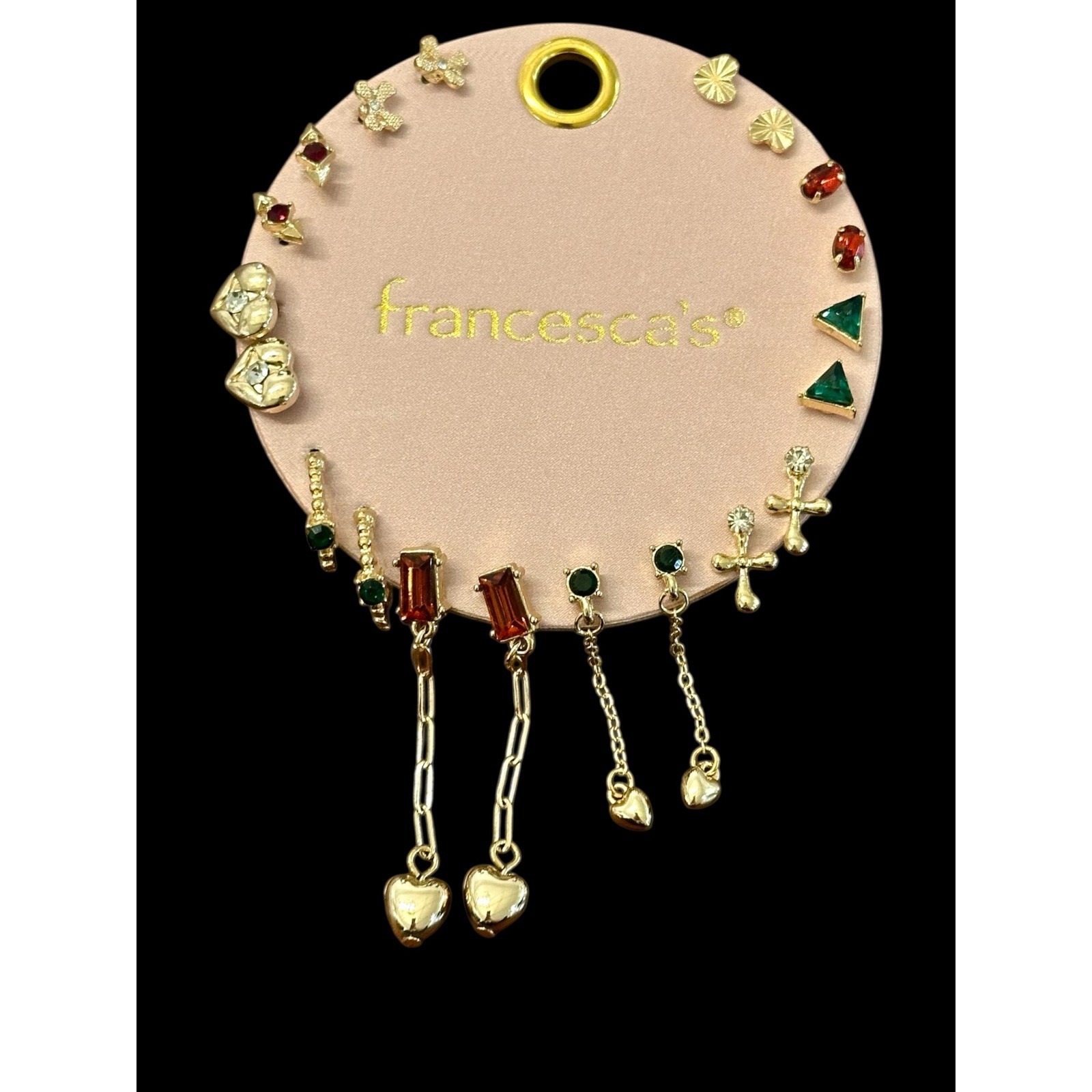 Francesca's Gold Tone Multi Earring Set Hearts Crosses Bows Pairs New